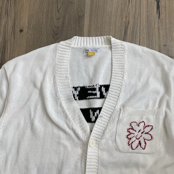 ZARA x Pepo Moreno White Cardigan Sz Medium “Have You Seen My Smile?” Distressed - Picture 3 of 12